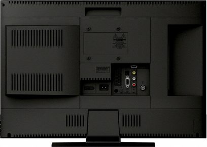 Bagudsigtsbillede af en Sony KDL-22BX200B-tv med HDMI-, VGA-, lyd- og antennetilslutninger på en ensfarvet sort baggrund