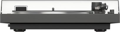 Sort Sony PS-LX3BT pladespiller set forfra med gennemsigtigt låg lukket, slankt rektangulært design