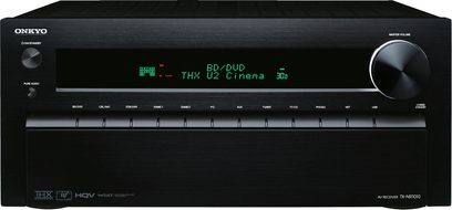 Onkyo TX-NR1010 sort hjemmebiografsforstærker, set forfra, grøn display "BD/DVD THX D3 Cinema 3D", knapper og drejeknap