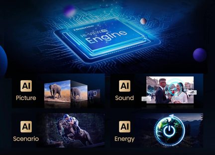 Motor electronic albastru metalic HI-VIEW AI Engine pe o placă de bază închisă la culoare, cu icoane AI Picture, Sound, Scenario și Energy