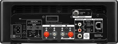 Hi-fi systém Denon RCD-N11DAB bílý, pohled zepředu na zadní panel s audio konektory a anténou