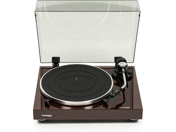 Thorens TD 204 A vinüülplaadimängija pähklipuust korpusega, avatud kaanega, toonitihvt plaadil