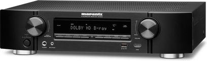 Marantz NR-1603 sort home cinema-forstærker set forfra, blåt display, knapper og stik på forsiden