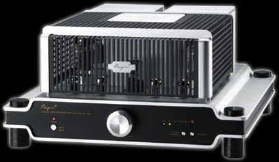 Cayin MP-100S stereo hi-fi-forstærker, set forfra, sølvfarvet kabinet med sort front, knapper og stik på forsiden