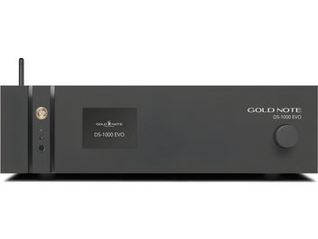 Czarny sieciowy odtwarzacz audio Gold Note DS-1000 EVO, szczotkowany aluminiowy front z centralnym wyświetlaczem i prawym pokrętłem