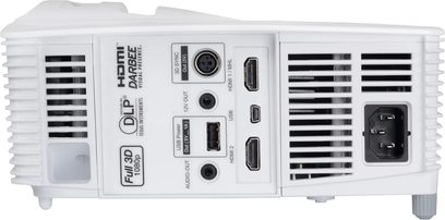 Optoma GT1080Darbee-videoprojektor, bagside, HDMI-, USB-, lyd-, strømtilslutninger, ventilationsgitre