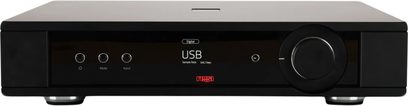 Siyah stereo amplifikatör, USB ekranlı parlak ön panel, üç ön düğme ve büyük ses seviyesi düğmesi, önden görünüm