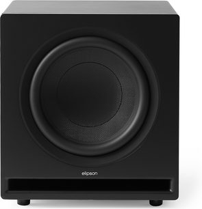 Subwoofer Elipson Premium Sub 12 v matné černé barvě, skříň s MDF povrchem, pohled zepředu, velký reproduktor a přední basreflexový port