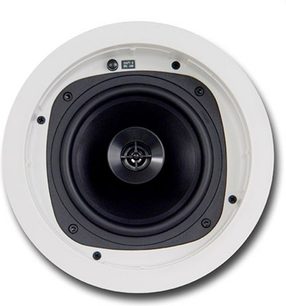Klipsch KHC-6 rund inbyggd vit högtalare med svart centrerad högtalare och 6 fästskruvar runt kanten