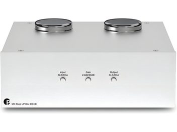 Pro-Ject MC Step Up Box DS3 B silver phono preamp, front view, rectangular casing with two black knobs on top