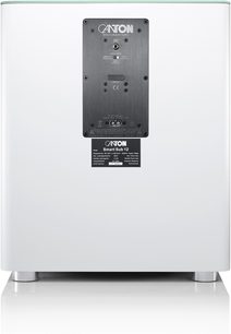 Subwoofer Canton Smart Sub 12 bianco opaco, vista posteriore con pannello di connessione nero e piedini metallici