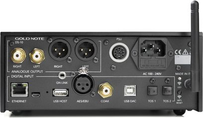 „Gold Note DS-10 EVO" juodos spalvos tinklinis garso grotuvas su RCA, XLR, eterneto, USB, koaksialiais, TOSLINK ir Wi-Fi antenos jungtimis
