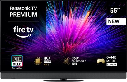 Panasonic TV-55Z95B højopløsnings-tv i sort med slankt metalramme og glasfront, set forfra på et ovalt centralt stativ