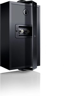 Schwarzer Canton GL10 PRO S2 Wandlautsprecher, Rückansicht mit Anschlussklemmen und Metallhalterung