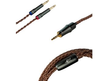 Brune flettede lydkabler med 3,5 mm jackstik belagt med sort, rød og blå guld fra Meze Audio