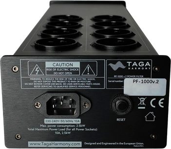 Taga Harmony PF-1000 v.2 netfilter, sort, metalhus, bagsidevisning med IEC C14-indgang og reset-knap
