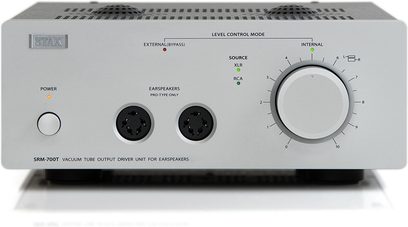 STAX SRM-700T hovedtelefonforstærker, lysegrå forside, knapper, hovedtelefonstik, ventilationsåbninger