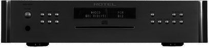 Rotel RCD1570 sort CD-afspiller, set forfra, LCD-display, knapper og stik på forsiden, mat sort finish