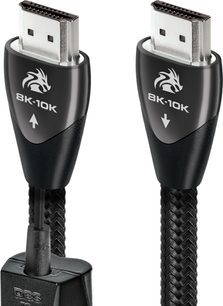 To sorte AudioQuest 8K-10K HDMI-kabler med forsølvede stik, præsenteret side om side på en hvid baggrund