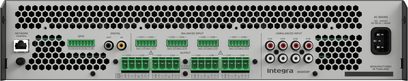 Integrert multiromsforsterker Integra 8500DSP sett bakfra, rackmonterbart grått og svart chassis med lydinnganger, grønne terminalblokker, RJ45