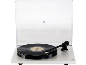 Giradischi Rega Planar 1 bianco opaco, vista dall'alto, braccio di lettura nero, piatto nero, coperchio antipolvere trasparente