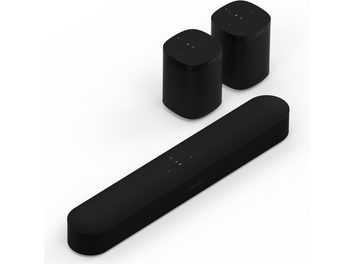 Sonos Beam og One (Gen 2) sort soundbar-pakke bestående af en rektangulær soundbar og to kubiske højttalere i mat sort
