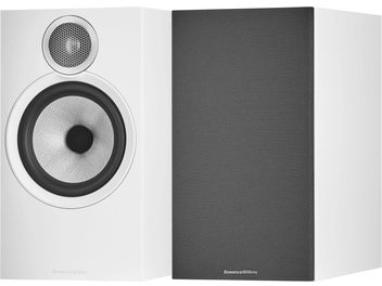 Altavoz de estantería Bowers & Wilkins 606 S3 blanco, vista frontal, tweeter detallado, fondo gris claro