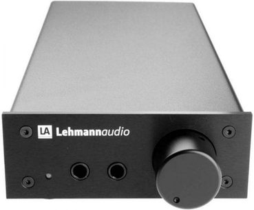 Lehmannaudio Linear black headphone preamp, front view, rectangular dark matte gray enclosure, black front panel with rotary knob and jack input
