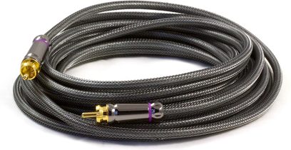 6 meter sort flettet lydkabel med forgyldte og lilla RCA-stik i enderne