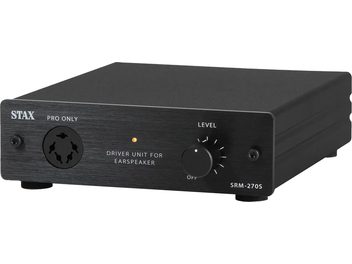 High-fidelity headphone preamp SRM-270S, 3/4 front view, black casing, LEVEL adjustment knob, headphone connector, indicator light