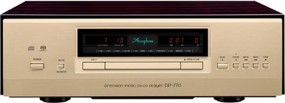 Accuphase DP-770 højttro CD-afspiller, set forfra, gylden finish, centralt display, kontrolknapper til højre