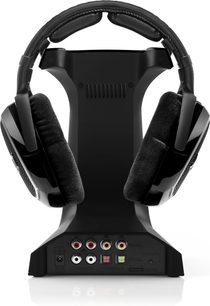 Sennheiser RS 220 sort hovedtelefoner, set forfra, ovale skummemoryringpuder, polstret hovedbøjle, indbygget fjernbetjening