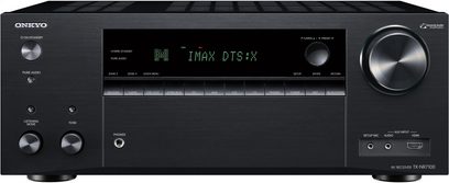 Onkyo TX-NR7100 hjemmebiograf-forstærker, sort frontpanel med grøn skærm, sølvfarvede knapper og drejeknapper, set forfra