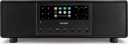 Radio digitale nera Sonoro Primus, frontale lucido, display a colori, pulsanti cromati, altoparlanti rotondi, vista frontale