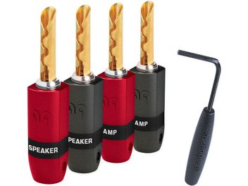 Vier vergulde Audioquest SureGrip 300 banaanstekkers en een zwarte vork, luidsprekerconnectoren voor versterkers