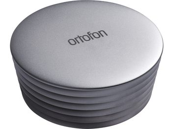 Прес-стабілізатор Record Stabilizer Heavy Ortofon, вид у перспективі, сріблястий циліндр, гладка верхня поверхня, рифлені боки