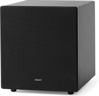 Subwoofer Elipson Premium Sub 12 v černé barvě, černá matná krychlová skříň, látková mřížka s logem, pohled ze tří čtvrtin