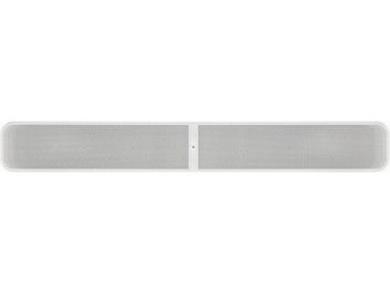 Soundbar BlueSound PULSE SOUNDBAR bianca, rettangolare, griglia metallica forata, vista frontale e dall'alto