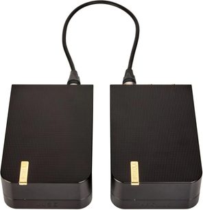 Michell Engineering Apollo phono előerősítő, két fekete fém doboz kábellel összekötve, texturált felső felülettel, felülnézetből