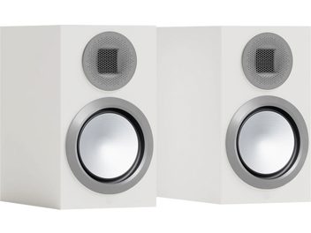 Акустична библиотечна система Monitor Audio Gold 50 6G в сатенено бял цвят, преден изглед, два кръгли сребристи високоговорителя, черна решетка