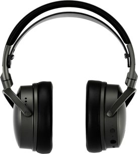 Sluchátka Audeze Maxwell Xbox s obvodovým designem, černá barva, černý náhlavní pásek a černé polštářky, pohled zepředu