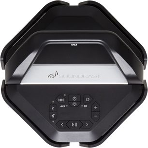 Trådløs forbundet Soundcast VG7 SE højtaler i sort, set tæt på ovenfra, med kontrolknapper og sølvfarvet logo