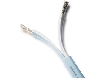 Supra Ply 3.4 blue audio cable, translucent blue jacket, visible twisted conductors, bare wire connectors at ends