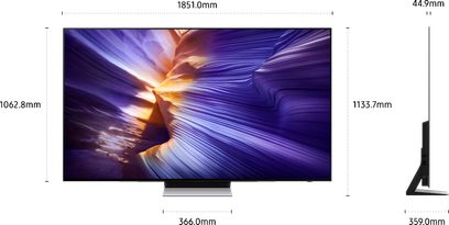 TV a schermo piatto grande nero, cornice metallica ultra sottile, base centrale rettangolare argentata, mostrato in vista frontale e laterale