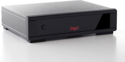 Preamplificator fono Rega Fono MC MK4 negru, vedere frontală, carcasă rectangulară plată, față cu logo roșu, buton și indicator luminos