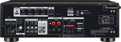 Pioneer VSX-534 sort hjemmebiografsforstærker, bagside, audio/video-tilslutninger, højttalerstik, antenne, strømforsyning