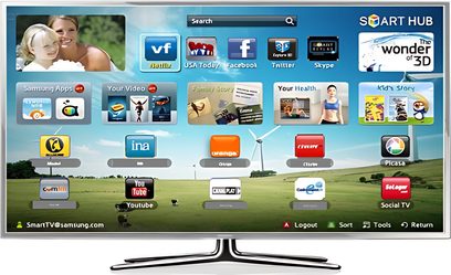 Televizor Samsung UE40ES6900 zobrazující uživatelské rozhraní s ikonami aplikací na pozadí s usmívající se ženou a dítětem na poli