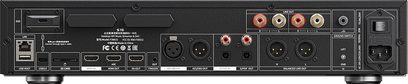 FiiO S15 mustast metallist võrgumedia mängija, tagantvaade: SSD-pesa, RJ45 LAN-port, USB-port, SD-kaardilugeja, topelt HDMI, RCA stereo väljundid, tasakaalustatud XLR ja AES/EBU, optilised pesad, maandusklemm ning toitepistik koos lülitiga