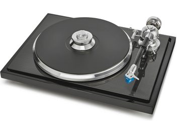 Hi-fi lemezjátszó EAT C-MAJOR, felülről nézve, fekete kör alakú lemeztál, ezüst színű lemezolvasó kar, téglalap alakú alaplap