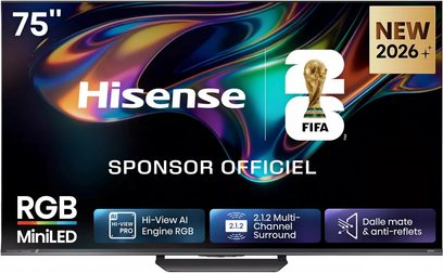 Hisense 75UR8S TV 75 tommer med fladskærm med tynd kant, abstrakt flerfarvet motiv og central fod
